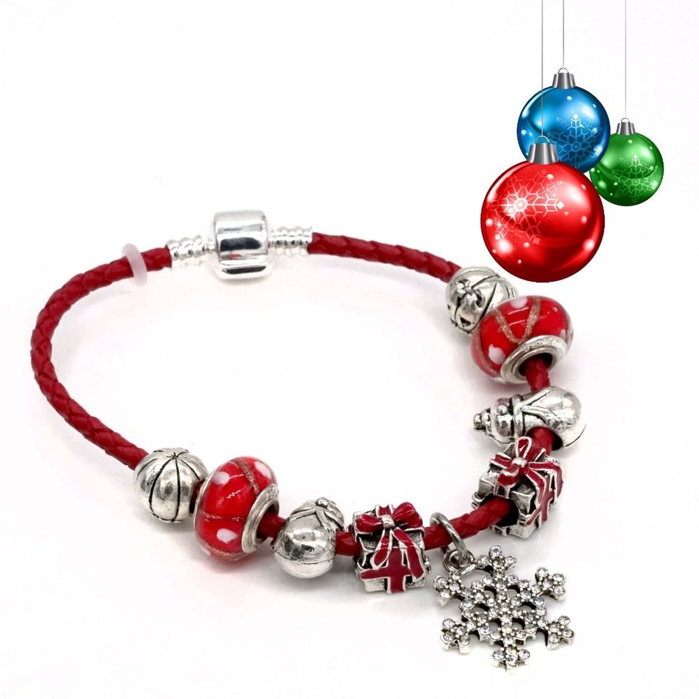 Bracelet Christmas Snowflake Charm Snowman Gifts Red Euro Beads Silver Clasp